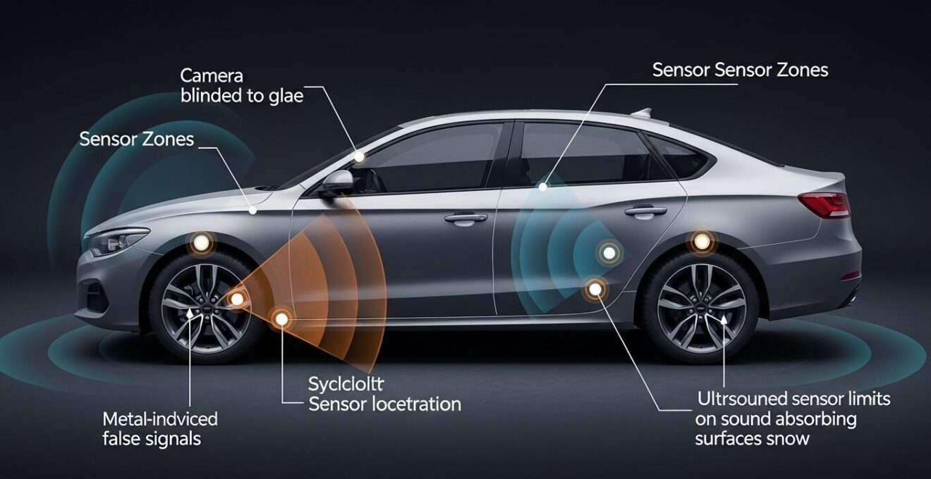 Grafische Darstellung verschiedener Sensorschwachstellen in einem modernen Auto, wie Kamera-Blindheit, Radar-Täuschung und Ultraschallsensor-Limits