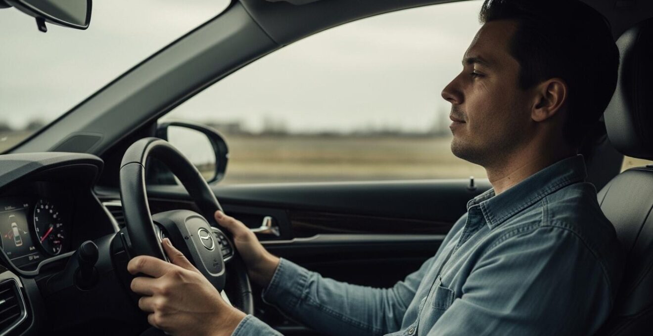 Situation mit einem Fahrer, der entspannt ein Auto mit adaptivem Tempomaten und Spurhalteassistent in einem urbanen Umfeld steuert
