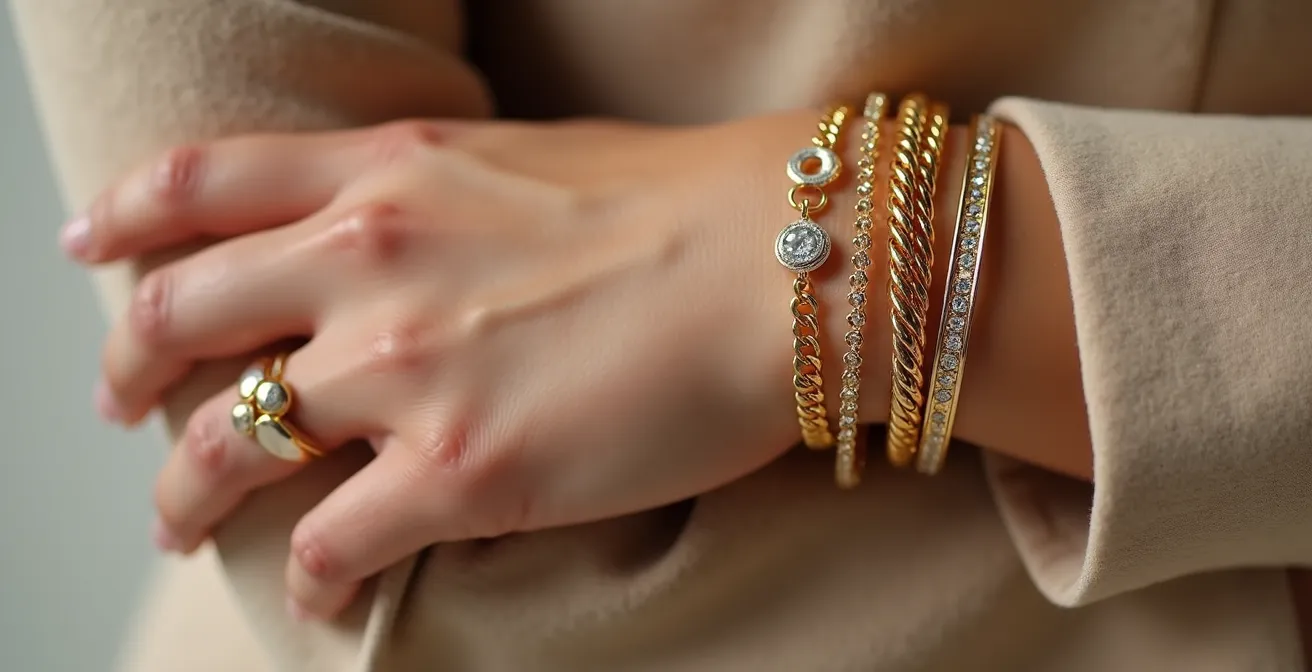 Elegante Armband-Kombination mit verschiedenen Texturen und Metallen am Handgelenk