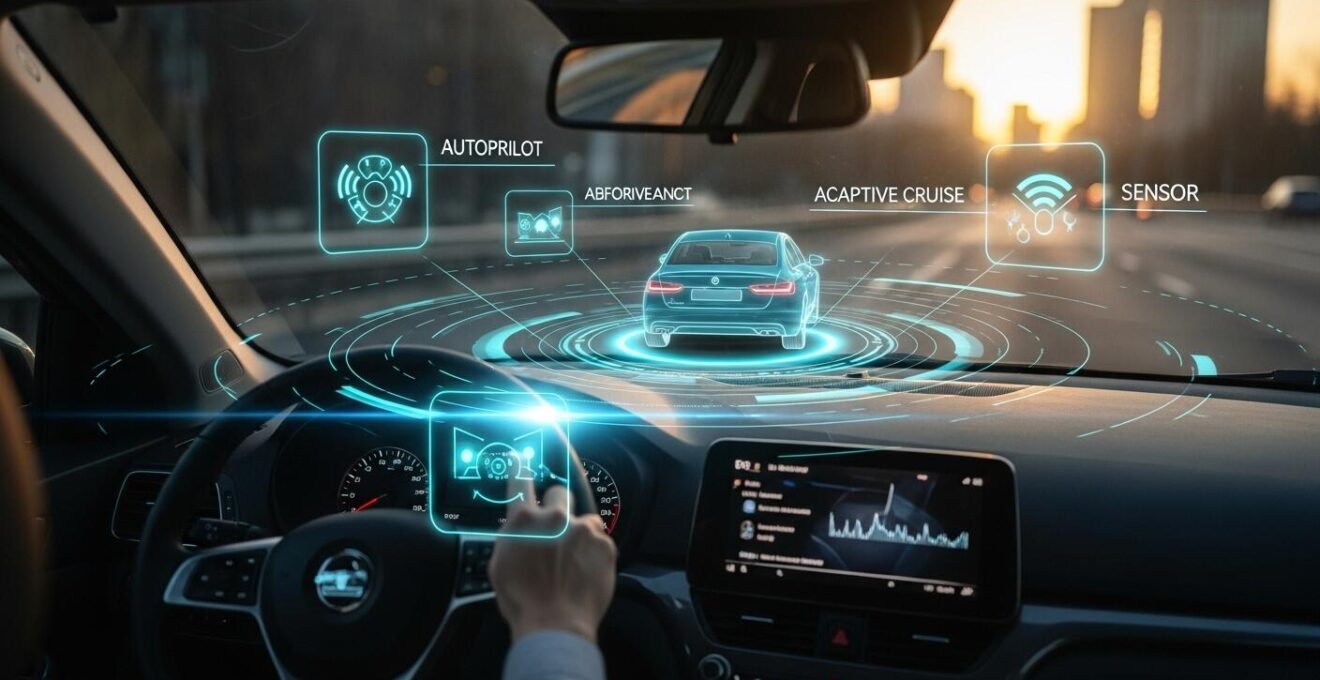 Eine moderne Fahrszene mit einem Auto, das von digitalen Assistenzsystemen und Datenschnittstellen umgeben ist, symbolisiert das sichere Fahren mit moderner Autotechnik