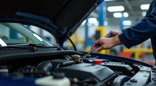 Motorhaube eines Autos mit verschiedenen Flüssigkeitsbehältern und einem Mechaniker bei der Inspektion