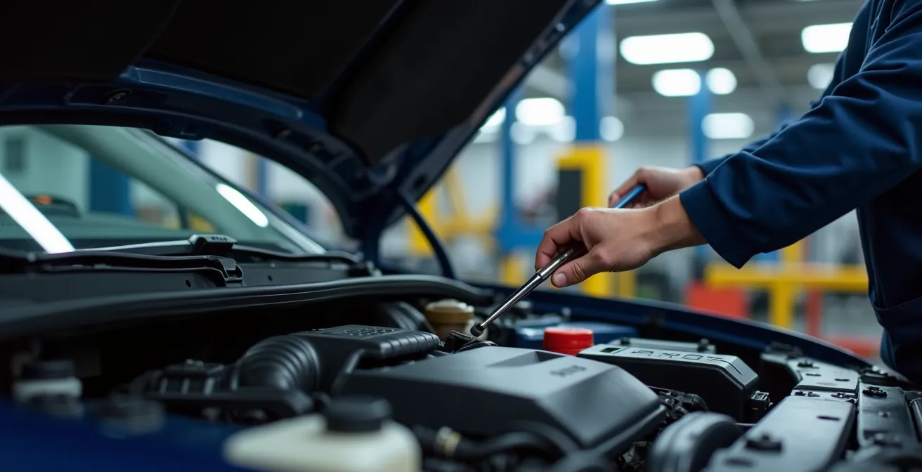Motorhaube eines Autos mit verschiedenen Flüssigkeitsbehältern und einem Mechaniker bei der Inspektion