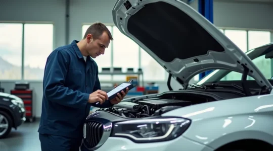 Professioneller Autocheck mit geöffneter Motorhaube und Kontrollcheckliste für präventive Fahrzeugwartung