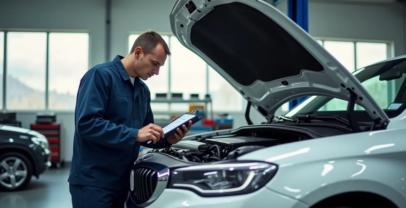 Professioneller Autocheck mit geöffneter Motorhaube und Kontrollcheckliste für präventive Fahrzeugwartung