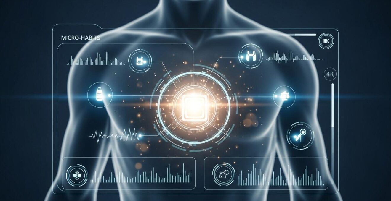 Ein modernes, minimalistisches Interface, das menschliche Gesundheit und Energie durch kleine, wiederholte Handlungen steuert.
