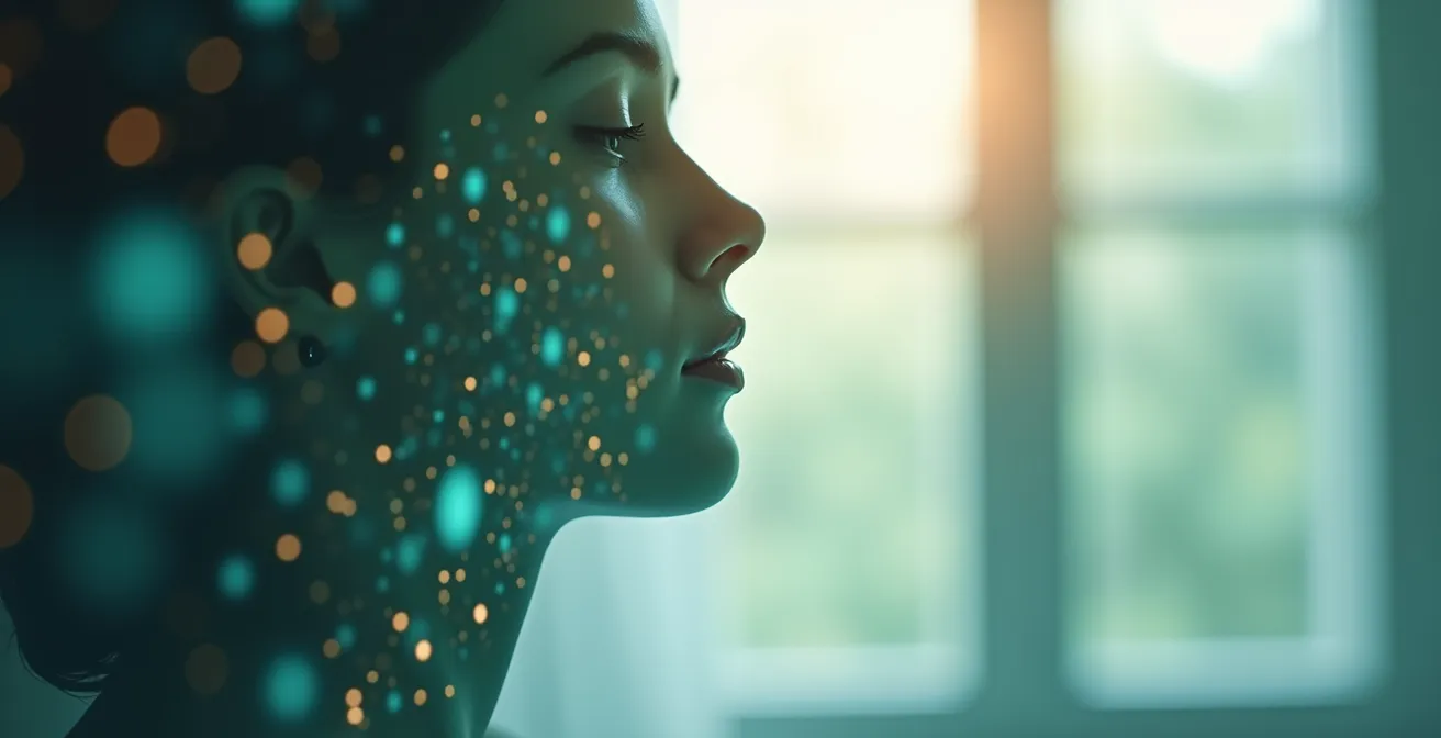 Symbolische Darstellung eines menschlichen Profils mit visuellen Elementen, die ein Betriebssystem für Wohlbefinden repräsentieren