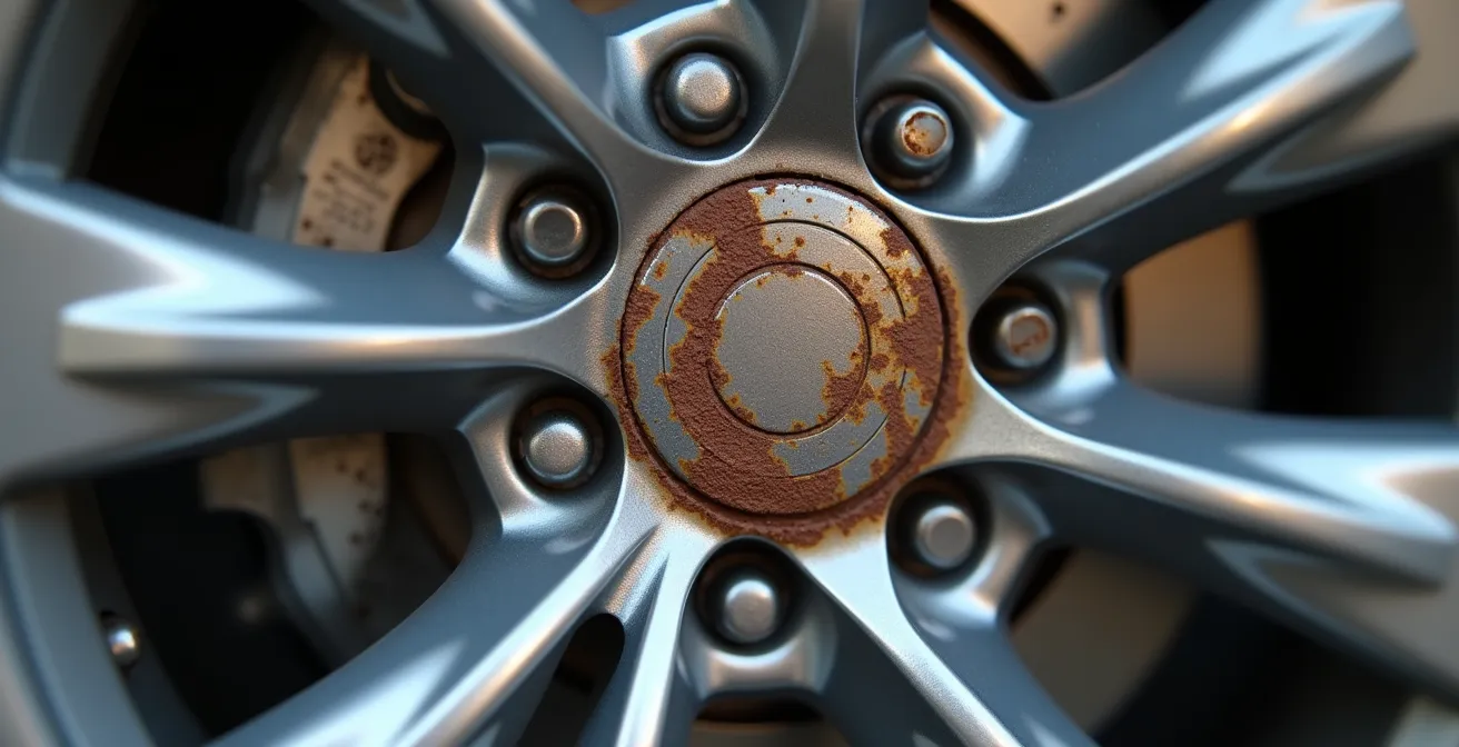 Detailaufnahme einer Bremsscheibe durch eine Felge sichtbar mit Verschleißindikatoren und Rostspuren