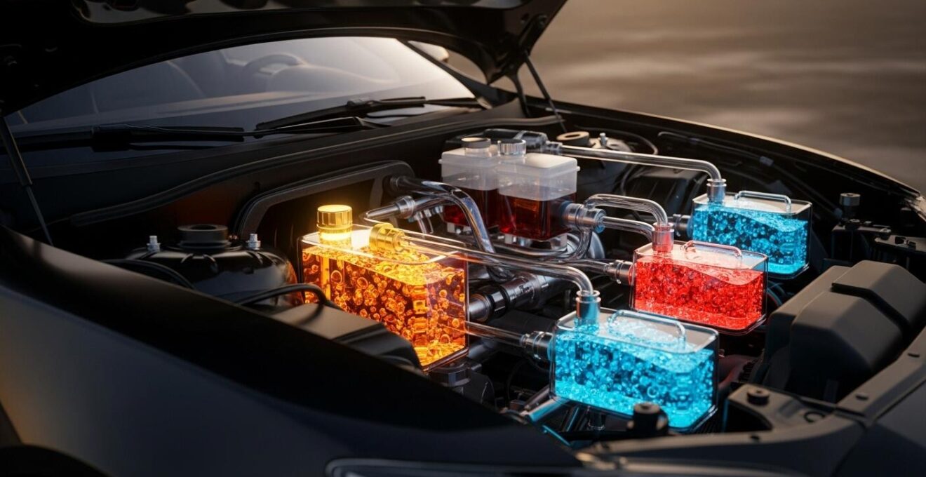 Ein modernes Auto mit einem symbolischen Fluid-Labyrinth, das verschiedene Flüssigkeiten visualisiert, die durch transparente Leitungen fließen