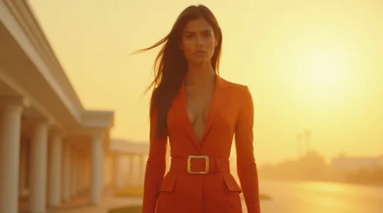 Ein stilvoller Mensch im modernen Outfit betont mit markantem Gürtel, visuell in den Vordergrund gerückt.