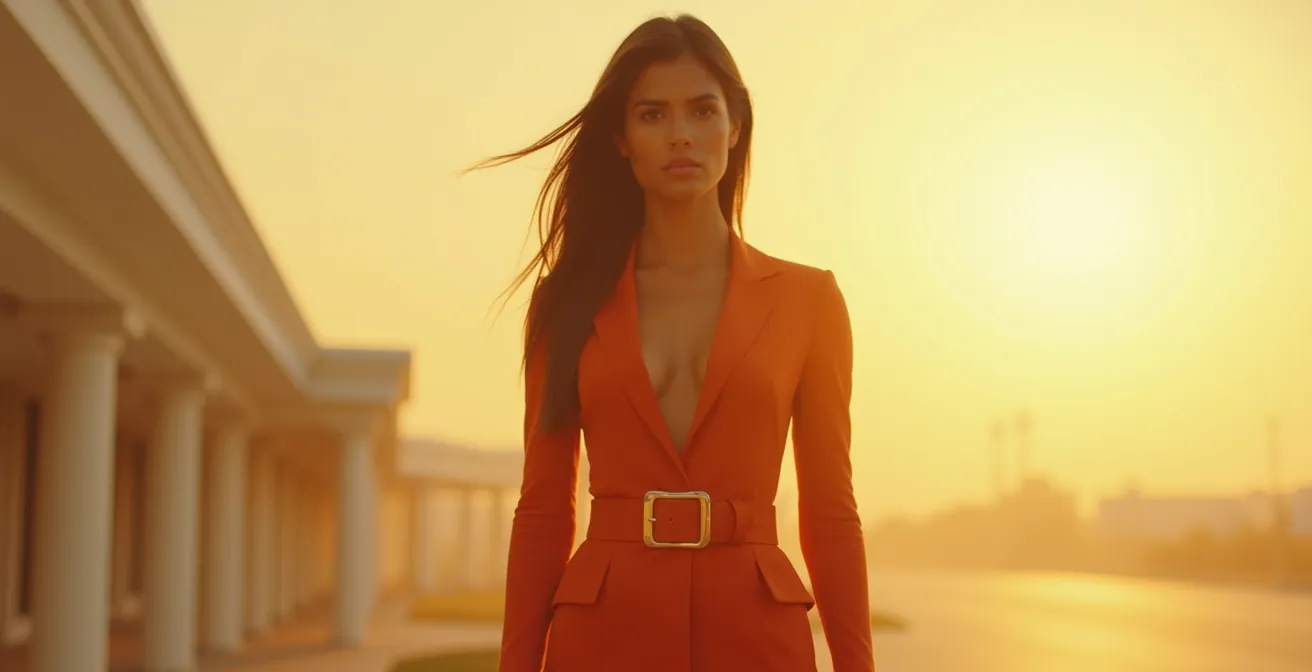 Ein stilvoller Mensch im modernen Outfit betont mit markantem Gürtel, visuell in den Vordergrund gerückt.