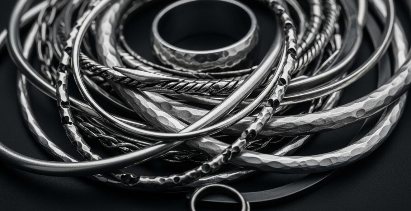 Nahaufnahme von übereinander getragenen Ketten und Ringen mit verschiedenen Oberflächenstrukturen in einem harmonischen Layering-Look.