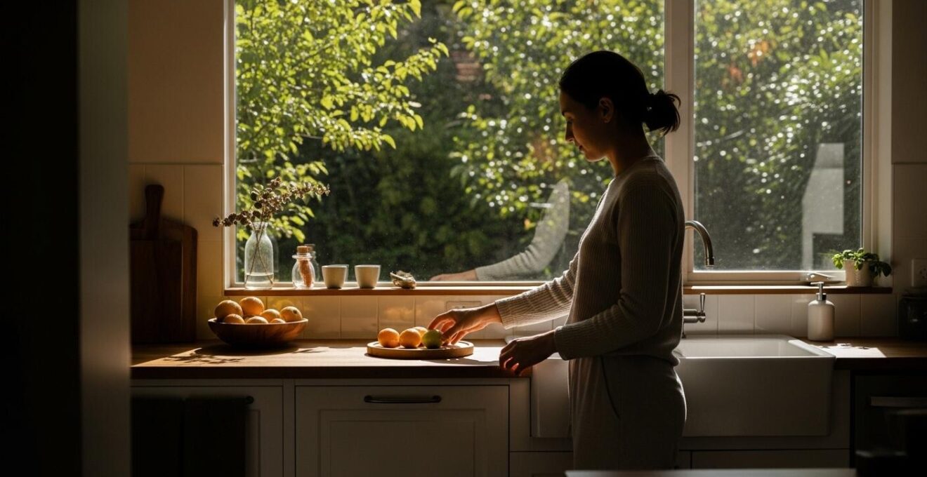 Eine moderne, helle Küche mit einer Person, die entspannt Obst isst, während im Hintergrund ein Fenster auf einen grünen Garten blickt, symbolisiert einen nachhaltigen Lebensstil ohne Zwang.