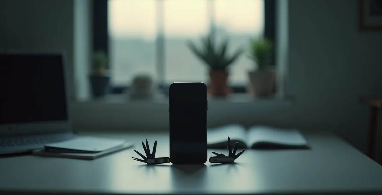 Symbolische Darstellung eines Smartphones als Werkzeug statt Ablenkung