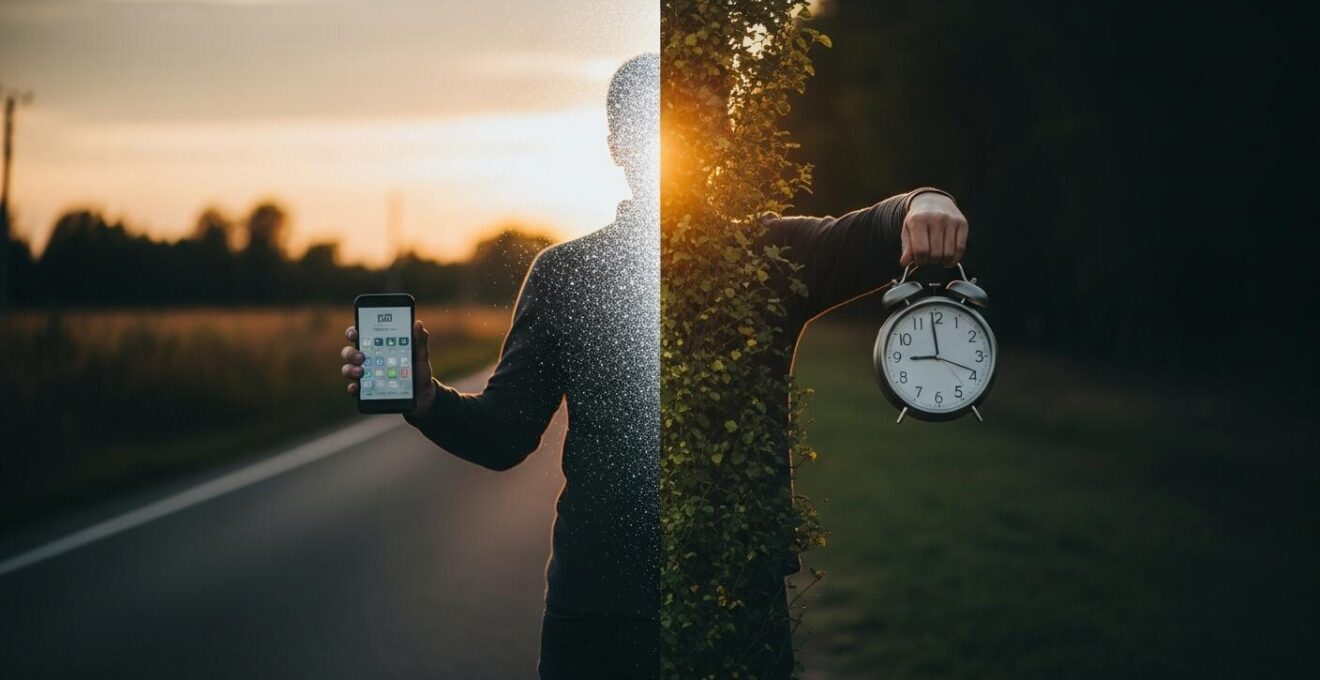 Symbolische Illustration eines Menschen, der ein Smartphone in der einen Hand hält und eine Uhr in der anderen, mit einer ausgeglichenen digitalen und analogen Umgebung
