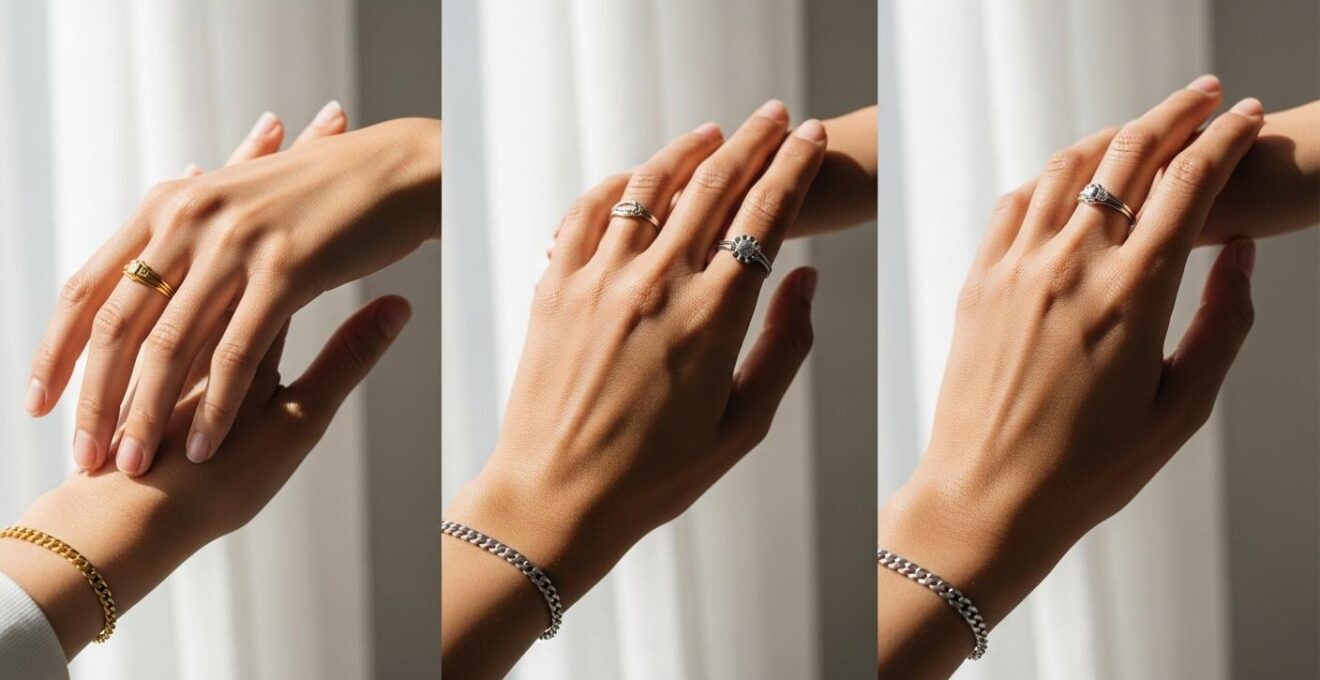 Drei unterschiedliche Hände mit unterschiedlichen Hauttönen tragen jeweils Schmuck aus Gold, Platin und Silber in eleganter Umgebung.