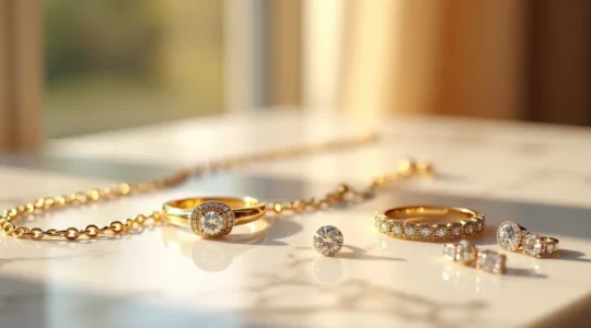 Luxuriöser Schmuck auf einer edlen Marmoroberfläche mit warmer Beleuchtung