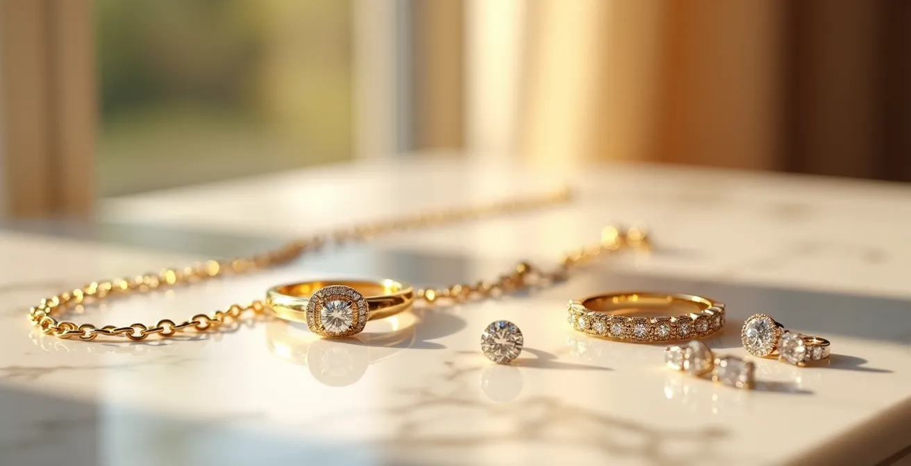 Luxuriöser Schmuck auf einer edlen Marmoroberfläche mit warmer Beleuchtung