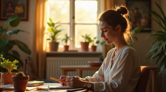 Person sitzt entspannt in einem gemütlichen Raum und geht verschiedenen kreativen und erfüllenden Hobbys nach, umgeben von Symbolen für Flow-Zustand und innere Ruhe