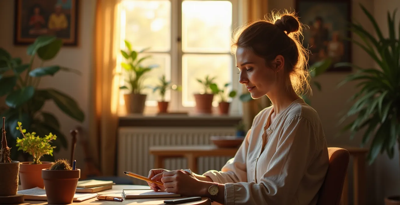 Person sitzt entspannt in einem gemütlichen Raum und geht verschiedenen kreativen und erfüllenden Hobbys nach, umgeben von Symbolen für Flow-Zustand und innere Ruhe