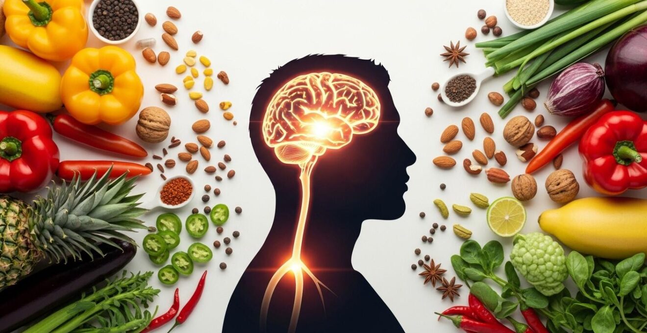Symbolische Darstellung einer gesunden Ernährung als Medizin mit frischen Lebensmitteln und Gehirn- sowie Körperabbildung