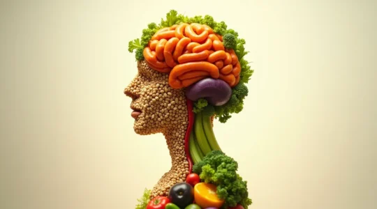 Symbolische Darstellung einer menschlichen Silhouette, gefüllt mit bunten Lebensmitteln, die funktionelle Ernährung repräsentieren