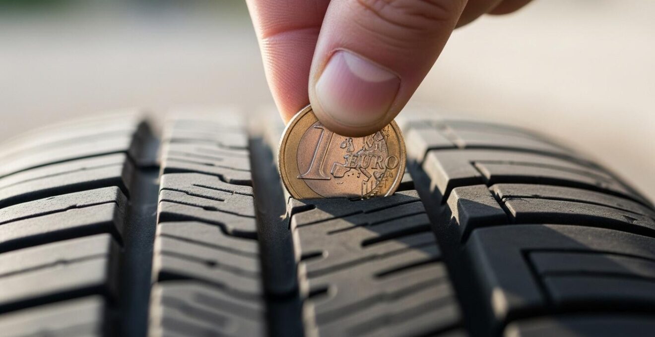 Nahaufnahme von Hand, die mit einer 1-Euro-Münze die Reifenprofiltiefe misst unter Tageslicht