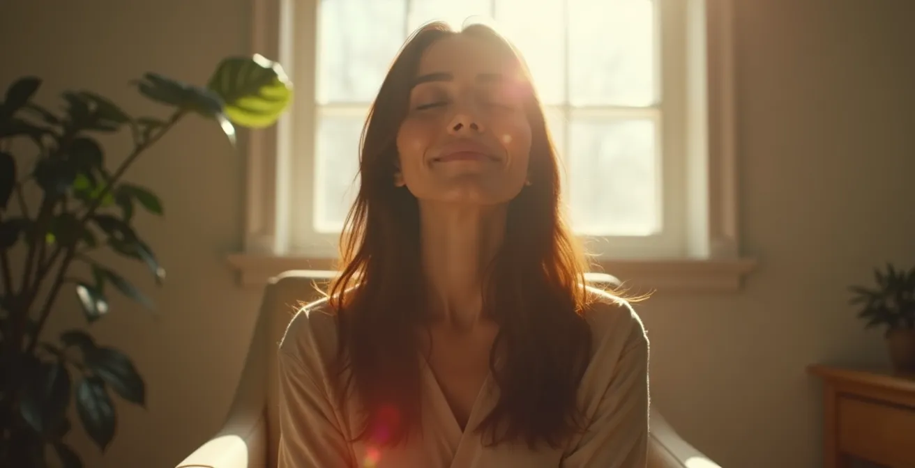 Eine Person sitzt ruhig auf einem Stuhl, die Hände auf den Knien, mit einem sanften Lächeln, während ein sanfter Lichtstrahl auf ihre Stirn fällt, symbolisierend für mentale Klarheit.