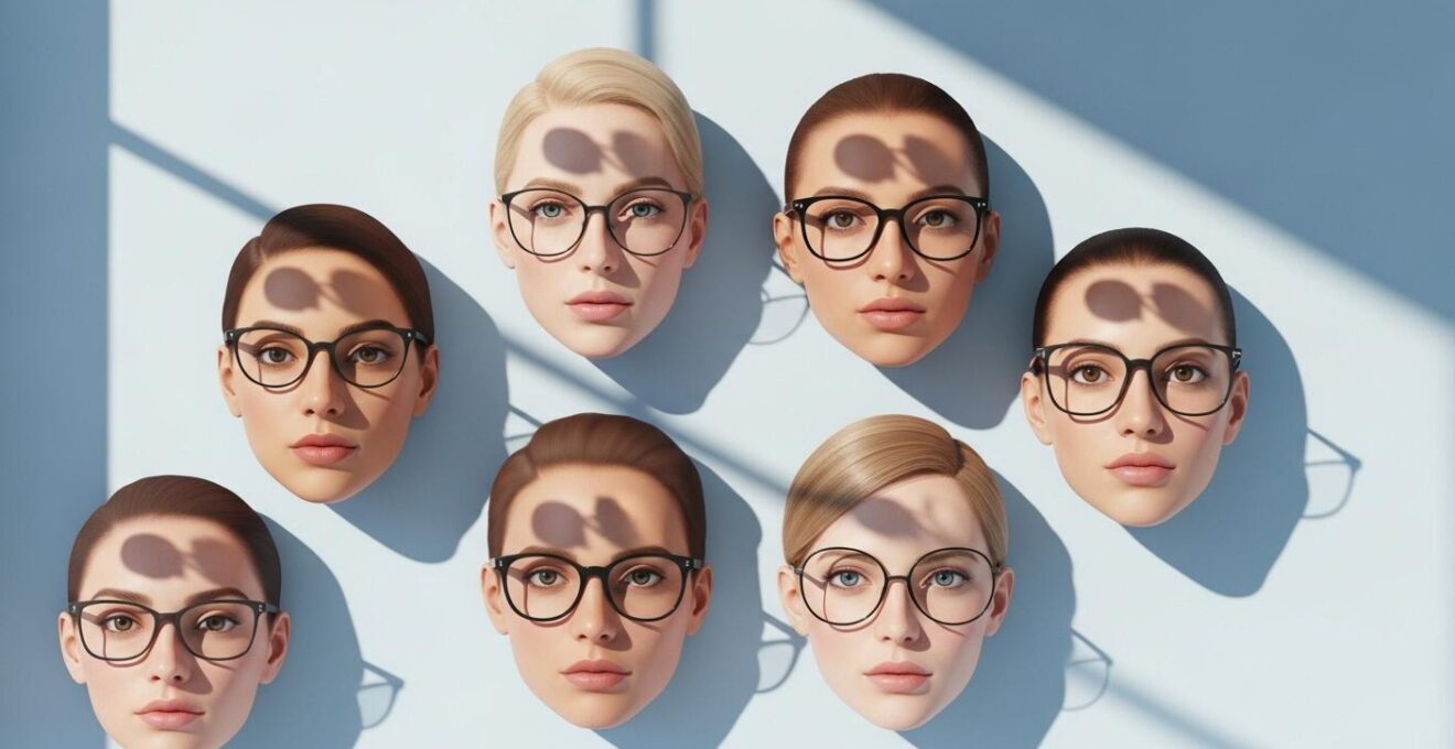 Verschiedene Gesichter mit passenden Brillenformen, die Harmonie und Ausstrahlung zeigen.