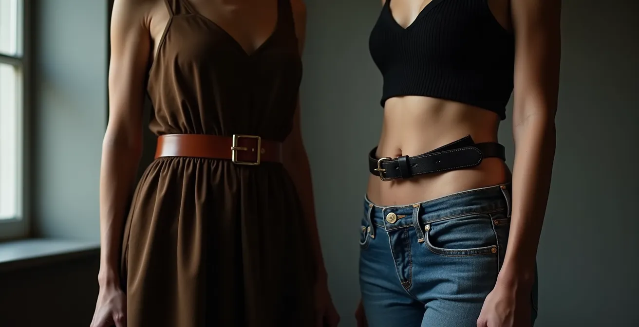 Vergleich: Gürtel auf der Taille und Gürtel auf der Hüfte an zwei modischen Outfits.