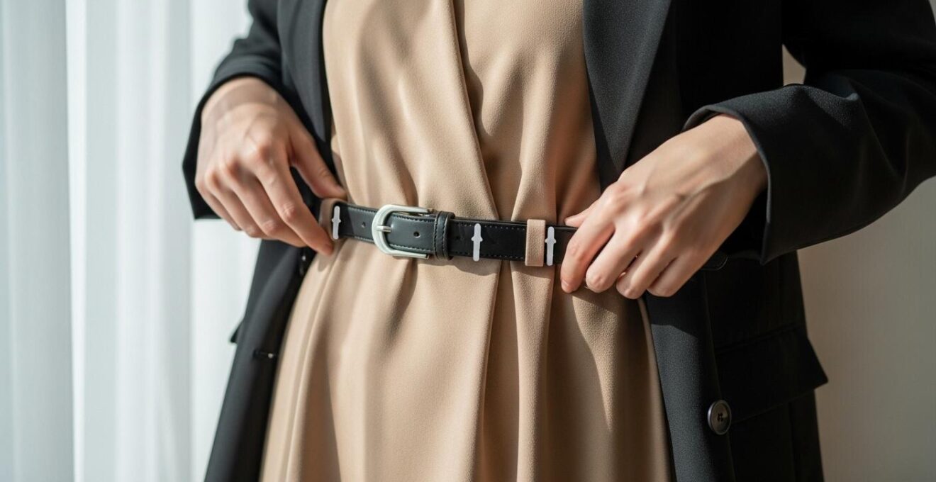 Eine Nahaufnahme einer stilvollen Frau, die einen Gürtel über einem Kleid und einem Blazer trägt, mit sichtbaren Silikon-Ankern und Technik zum Stabilisieren des Gürtels.