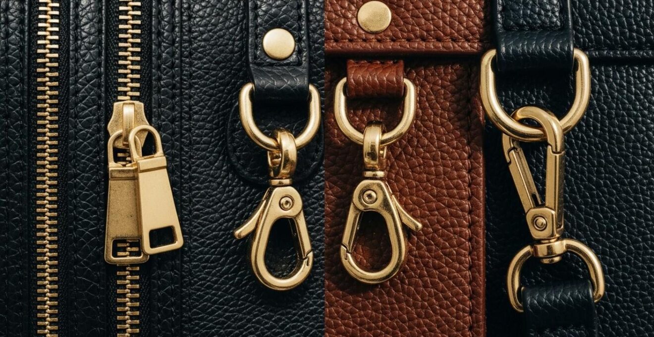 Nahaufnahme von Handtaschen-Details wie Reißverschlüsse, Nieten und veganes Leder