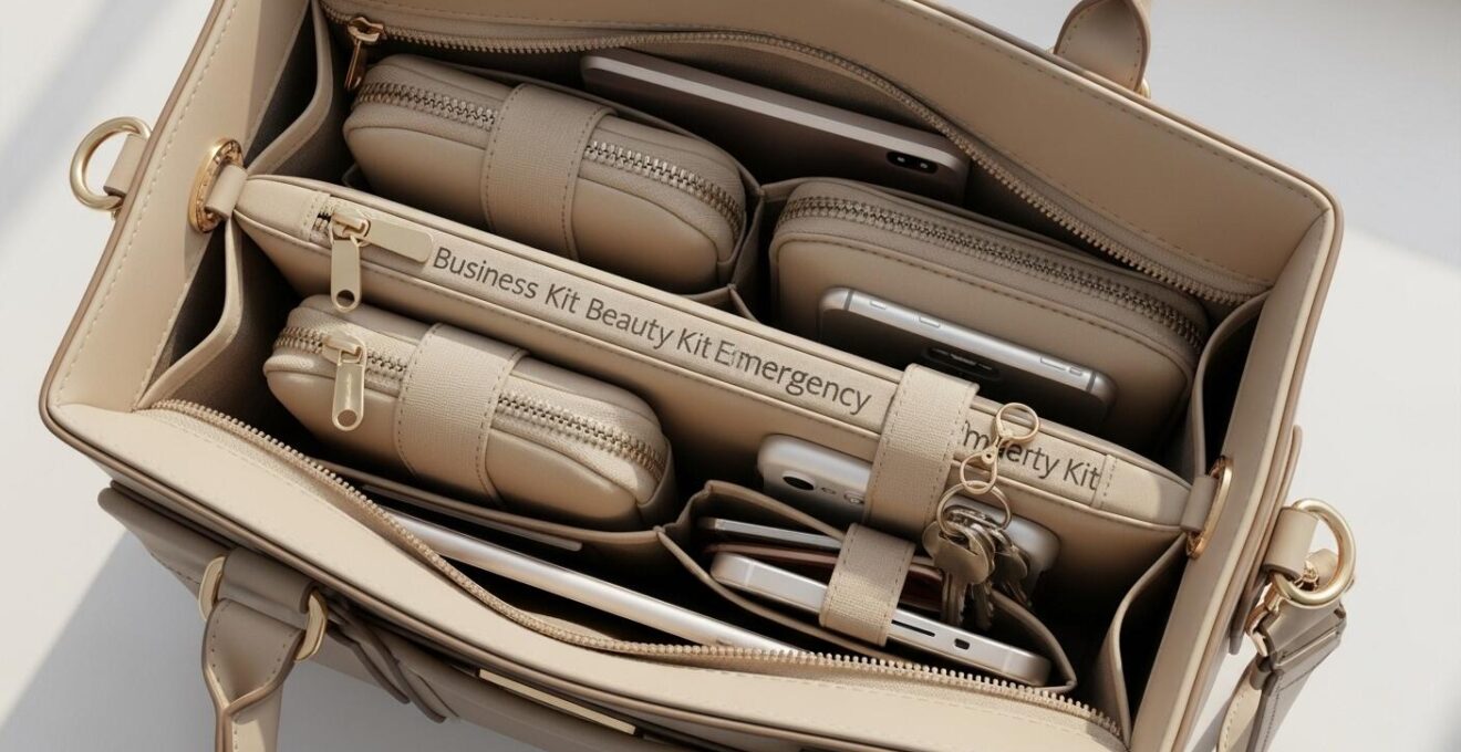 Handtasche mit modularen Organizer-Taschen und übersichtlicher Innenaufteilung