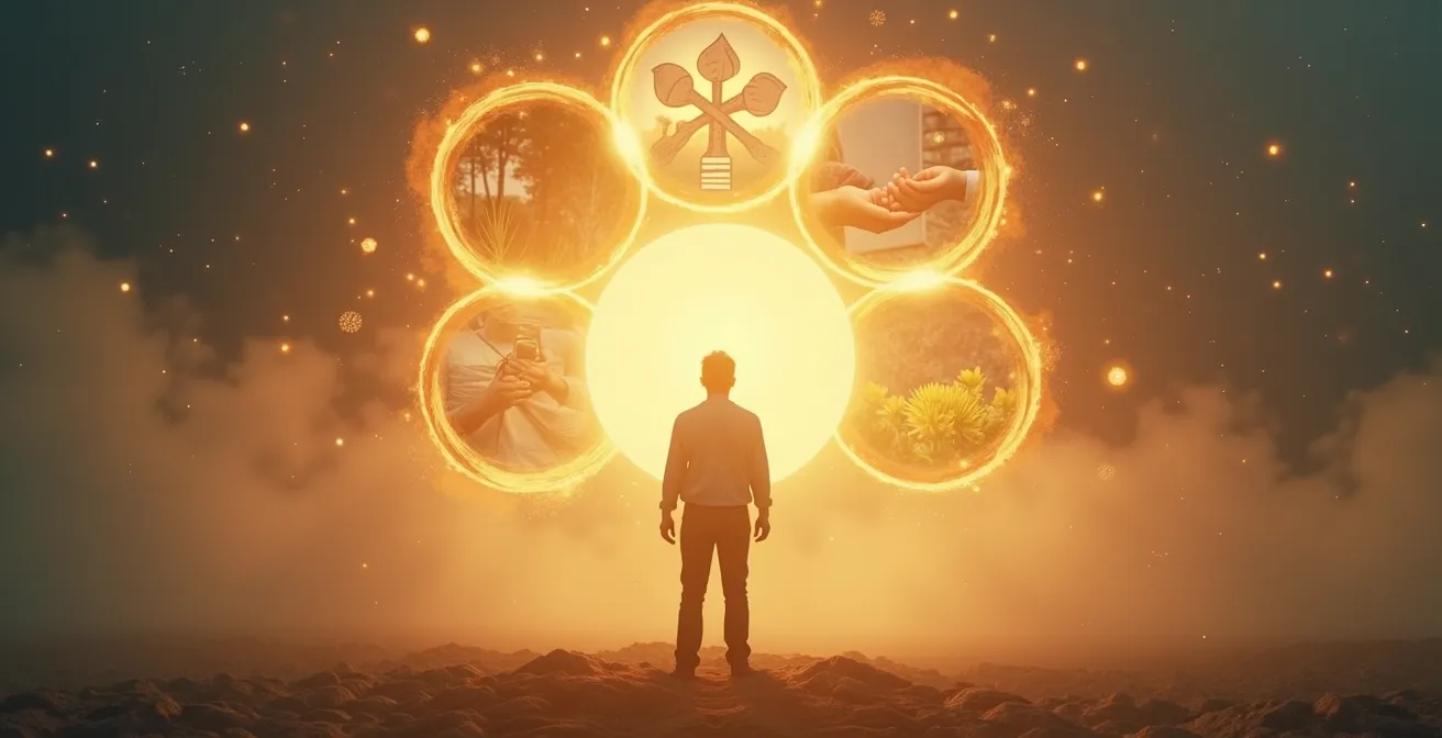 Vier überlappende Kreise repräsentieren das Ikigai-Modell mit einer Person in der Mitte, die verschiedene sinnstiftende Freizeitaktivitäten ausübt