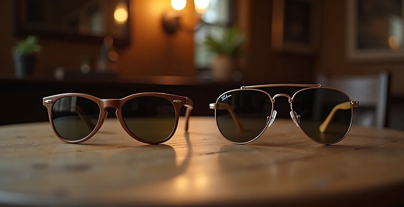 Zwei ikonische Brillenmodelle, Wayfarer und Clubmaster, nebeneinander in einem zeitlosen, stilvollen Setting