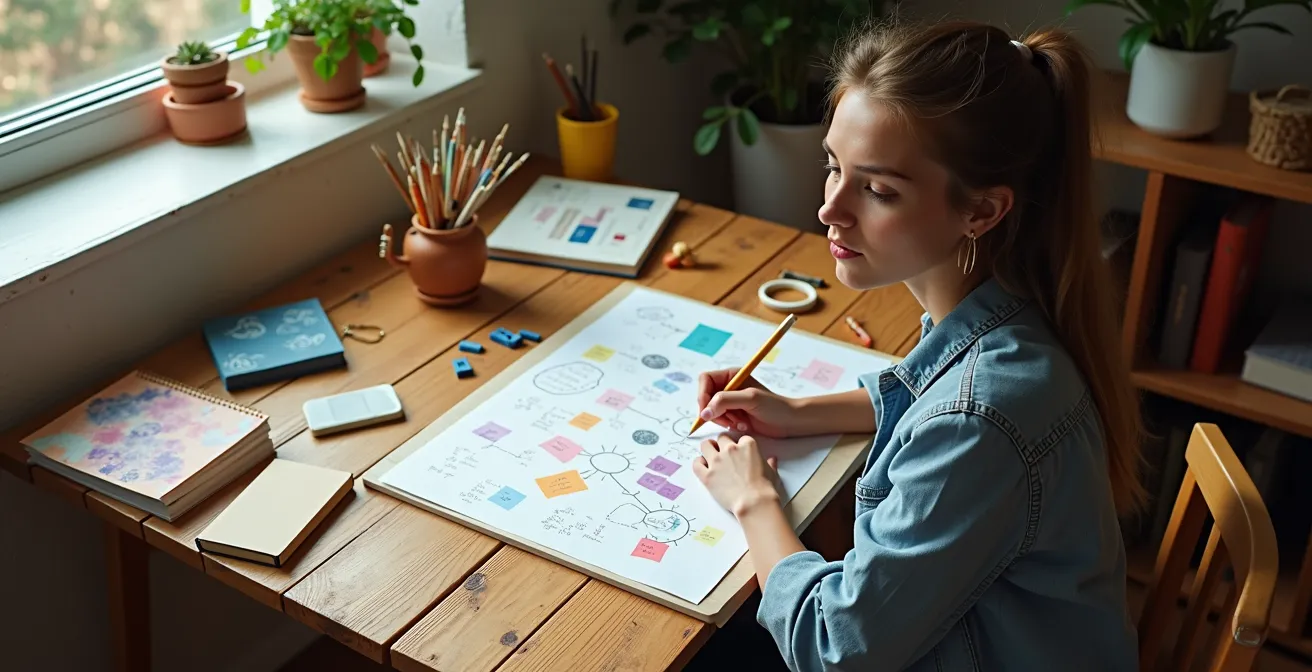 Eine Person sitzt an einem Schreibtisch und erstellt eine bunte, kreative Liste mit verschiedenen Hobby-Ideen, umgeben von inspirierenden Materialien