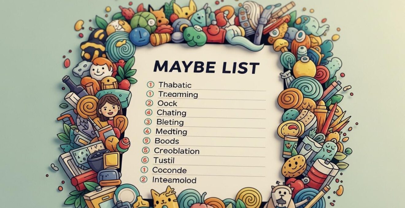 Eine kreative und bunte Darstellung einer Liste voller interessanter Freizeitideen mit ikonischen Symbolen und spielerischen Elementen