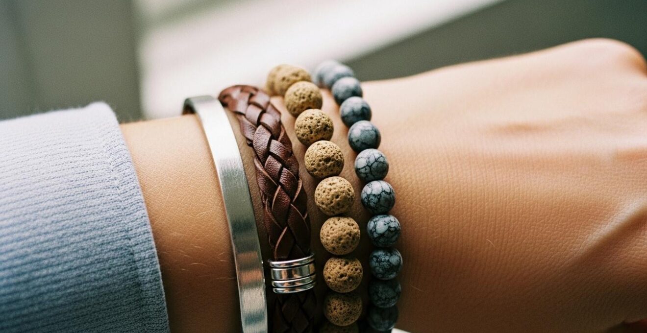 Handgelenk mit stilvoll kombinierter Armband-Kollektion aus verschiedenen Materialien wie glattem Metall, geflochtenem Leder und Naturstein
