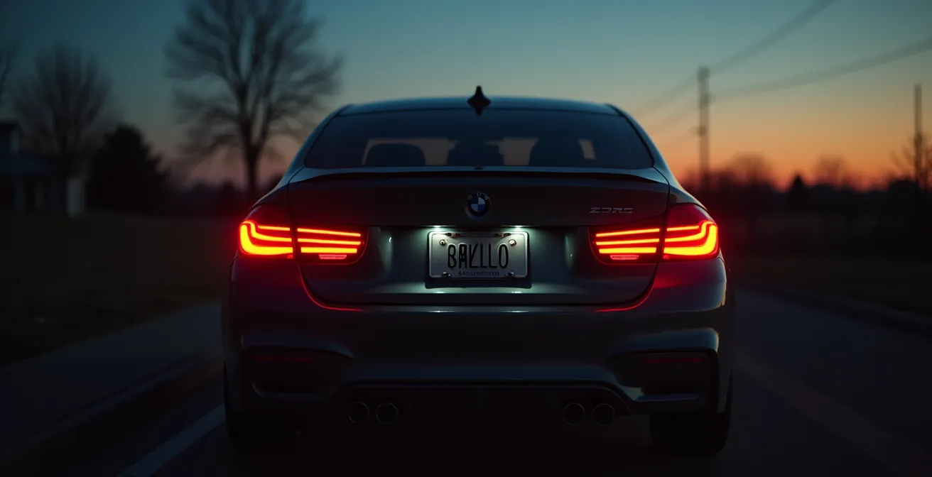 Rückansicht eines Autos in der Dämmerung mit Fokus auf die oft übersehene Kennzeichenbeleuchtung und Nebelschlussleuchte