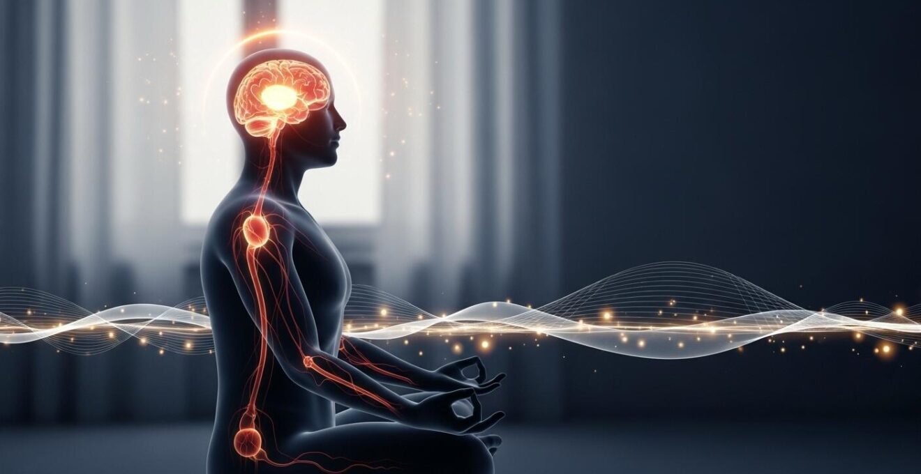 Symbolische Darstellung eines Menschen in Meditation mit beruhigenden Gehirnströmen und einem klaren Geist