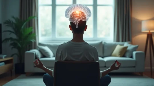 Ein moderner, skeptischer Mensch sitzt entspannt auf einem Stuhl, beobachtet seinen Atem, während ein transparentes, beleuchtetes Gehirn über ihm schwebt, das strukturelle Veränderungen wie eine verdichtete präfrontale Rinde zeigt.