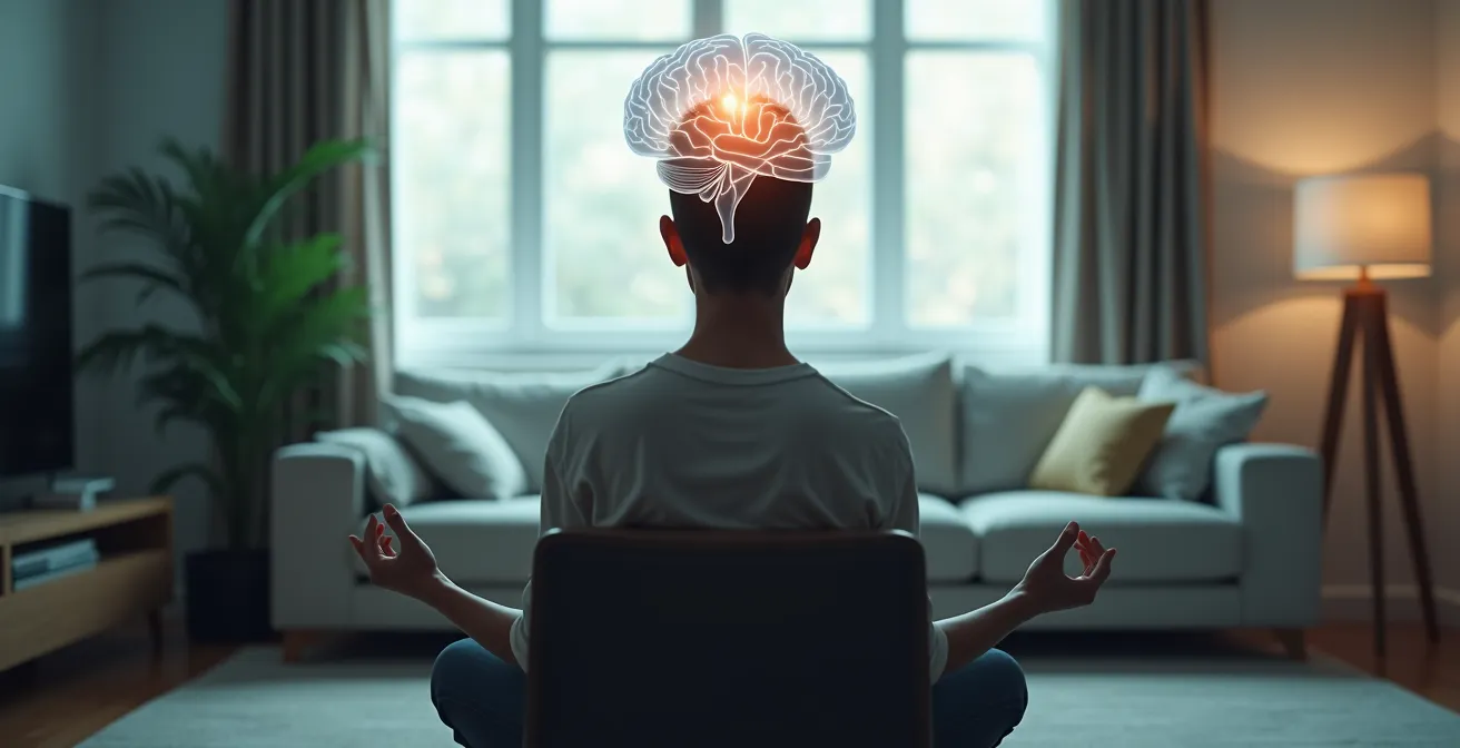 Ein moderner, skeptischer Mensch sitzt entspannt auf einem Stuhl, beobachtet seinen Atem, während ein transparentes, beleuchtetes Gehirn über ihm schwebt, das strukturelle Veränderungen wie eine verdichtete präfrontale Rinde zeigt.