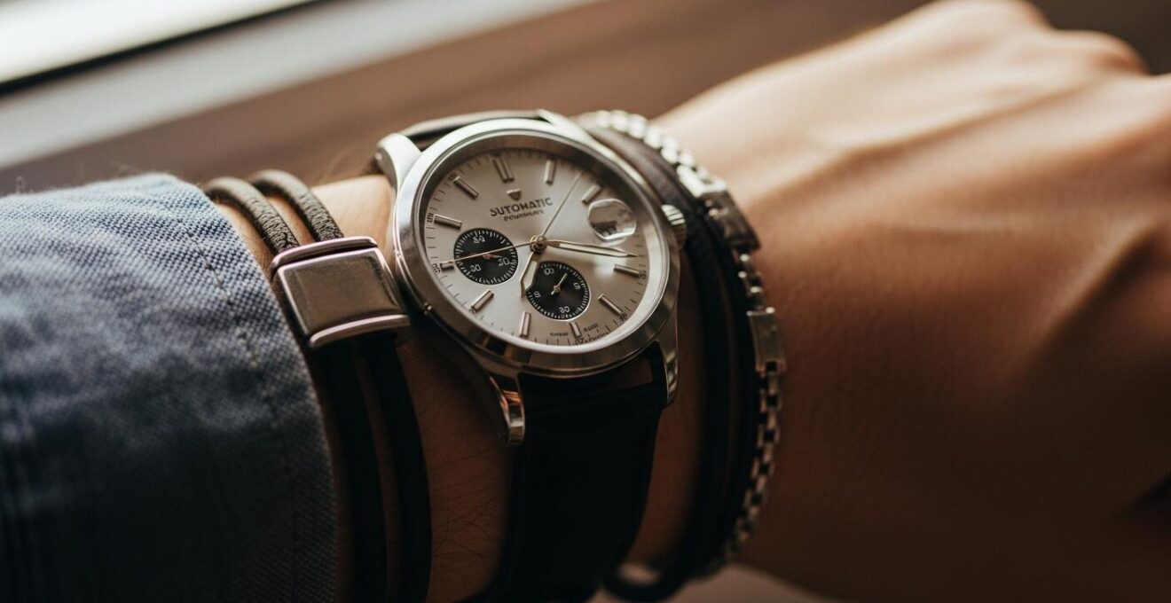Nahaufnahme eines eleganten Handgelenks mit einer stilvollen Automatik-Uhr und dezenten Armbändern, die Ausstrahlung und Persönlichkeit ausstrahlen