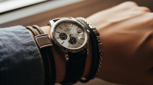 Nahaufnahme eines eleganten Handgelenks mit einer stilvollen Automatik-Uhr und dezenten Armbändern, die Ausstrahlung und Persönlichkeit ausstrahlen