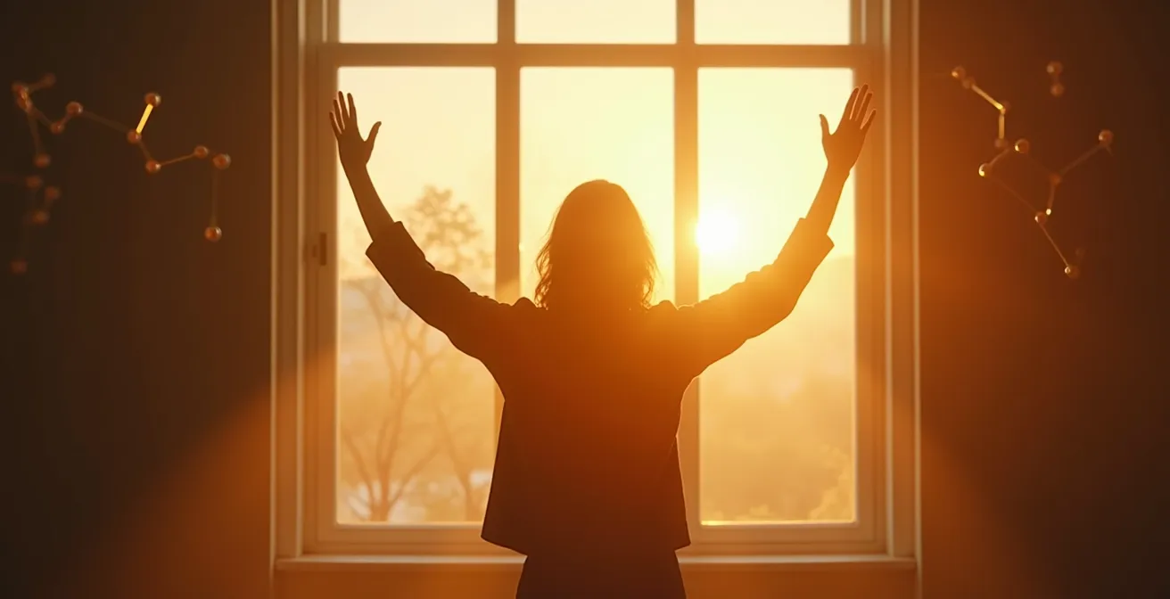 Eine Person beim morgendlichen Tageslichtbad mit symbolischen Elementen für biochemische Prozesse