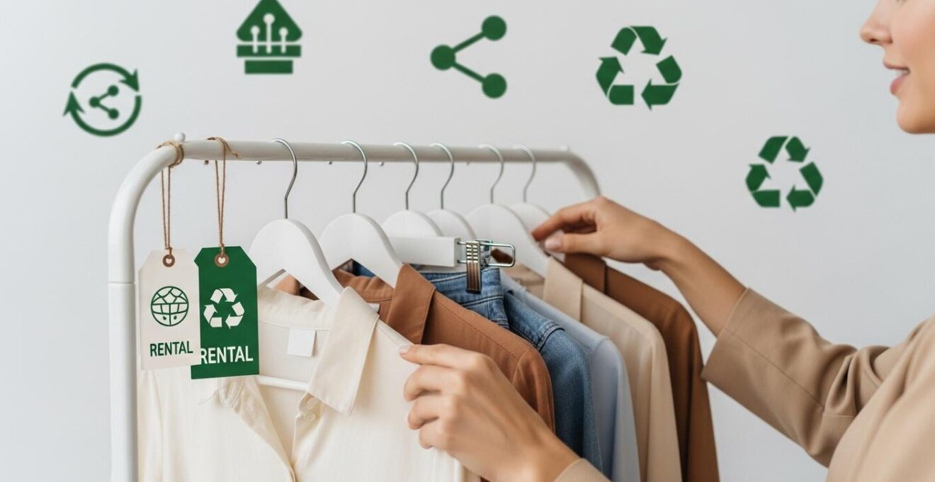 Symbolische Darstellung einer stilvollen Person, die Kleidung auslehnt, mit stilisierten Recycling- und Sharing-Symbolen im Hintergrund