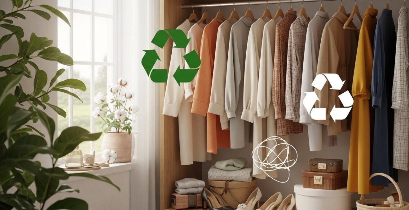 Symbolische Darstellung einer nachhaltigen und modischen Garderobe mit umweltfreundlichen Materialien und Second-Hand-Elementen