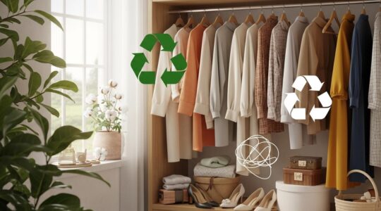 Symbolische Darstellung einer nachhaltigen und modischen Garderobe mit umweltfreundlichen Materialien und Second-Hand-Elementen