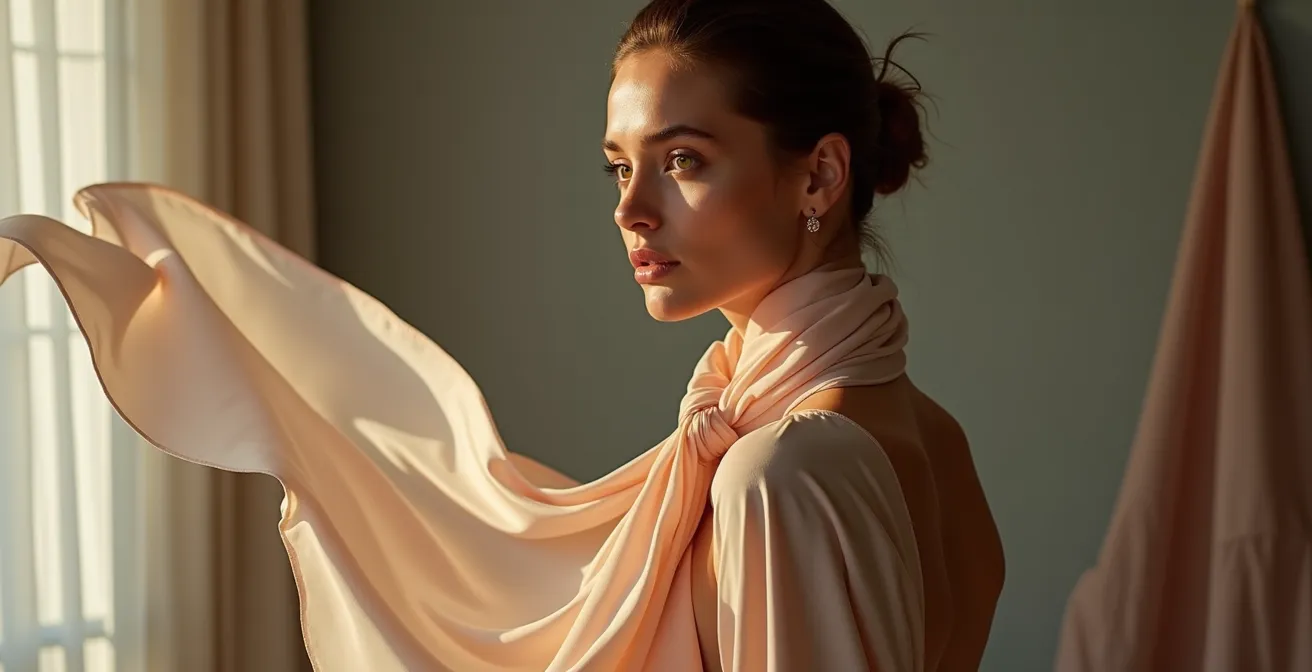 Verschiedene innovative Schal-Bindetechniken in einer modernen Collage dargestellt, mit Fokus auf asymmetrische Drapierungen und kreative Knoten