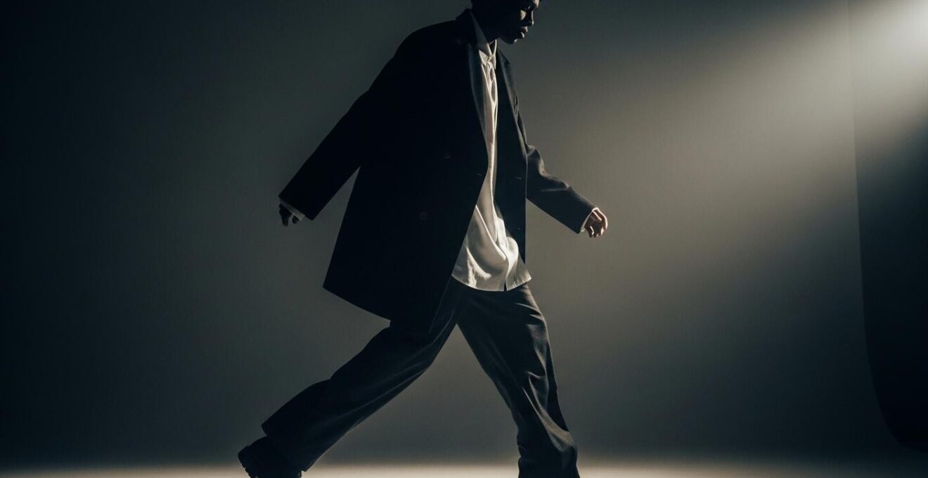 Dynamische Darstellung einer Person in Bewegung, die durch Linienführung und Proportionen die Silhouette gestaltet und einen Trend individuell anpasst