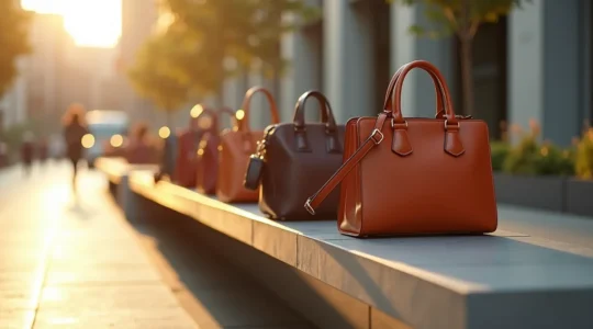 Verschiedene Handtaschen stilvoll arrangiert vor urbanem Hintergrund